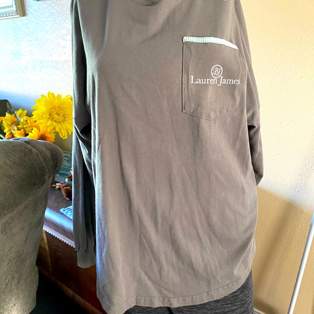 Lauren James shirt. Long sleeve gray and green.